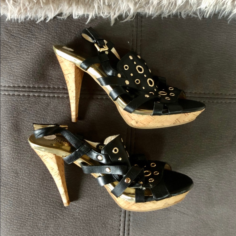 NWOB MICHAEL KORS Strappy Black Leather Block Heeled Sandals Size 8.5